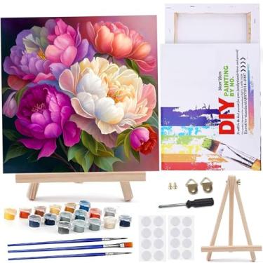 Imagem de MaiMMaledy Kit de pintura por números para adultos iniciantes com imagens em tela emoldurada, pintura de desenho, pigmento acrílico com cavalete de triângulo de madeira, 25,5 x 25,5 cm, peônia