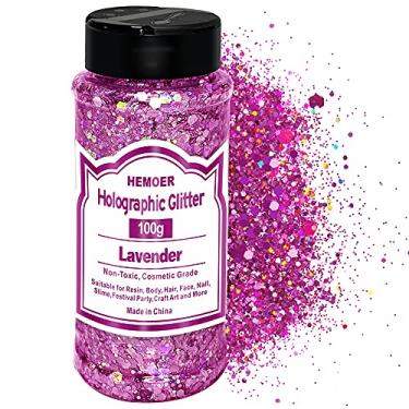 Imagem de HEMOER Glitter holográfico de 100 g, hexágono misto cosmético grosso e fino artesanato com lantejoulas de resina para vidro epóxi, arte de resina, corpo, cabelo, rosto, unhas, geleca, copos, festa de festival - lavanda