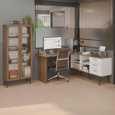 Imagem de Kit 2 Peças Com Escrivaninha Em L 3 Gavetas E Armário Multiuso Com Vidro Rustic Branco Madesa