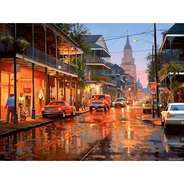 Imagem de Kits de pintura de diamante pôr do sol para adultos, cena de rua de Nova Orleans ao anoitecer 5D, faça você mesmo, arte redonda, arte de diamante, perfeita para decoração de parede de casa 30 x 40 cm