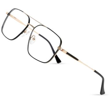 Imagem de Saraudy Óculos de lente transparente para homens, armação leve para homens, óculos sem grau, lentes substituíveis, Armação de piloto aviador preto dourado, 54mm