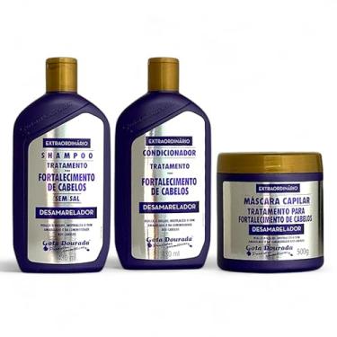 Imagem de Kit Shampoo Cond Máscara Fortalecimento Gota Dourada Desamarelador Neutraliza o Amarelado Brilho Excepcional P/Cabelos