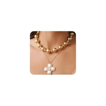 Imagem de Colar de cruz de pérola grossa para mulheres, moderno, conjunto de colares com pingente de crucifixo, colares em camadas, joias cristãs do dia a dia, Large, Metal, Sem Pedra Preciosa