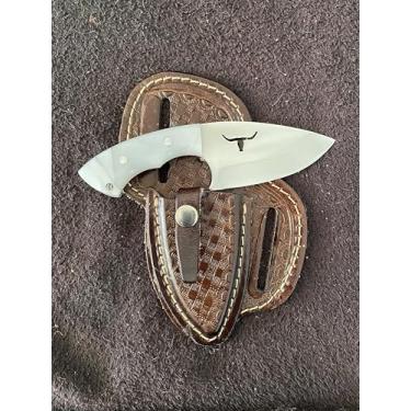 Imagem de Faca Mini Campeira 1 Muladeira com desenho de mula, 15 cm Total, Lâmina em aço Inox 8 cm, Cabo em Madeira Muirapiranga 7cm , Bainha em Couro, Acessivel Tamanho Ideal, Corte Preciso, Pesca, Caça, Churrasco (Branco Boi)