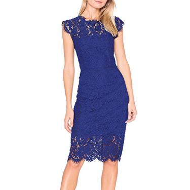 Imagem de MEROKEETY Vestido feminino sem mangas de renda floral elegante gola redonda comprimento até o joelho para festa, Royal, M