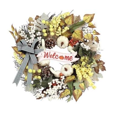 Imagem de Culudea Guirlanda de outono de 50,8 cm, guirlanda de outono para porta da frente artificial com laço de placa, folhas de abóbora branca, folhas de eucalipto, pinha, decoração de outono aconchegante