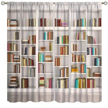 Imagem de VUMIVI Cortinas de estante moderna biblioteca de madeira branca livros retrô ilustrações 3D tratamentos de janela para quarto estudo sala de aula sala de estar 107 cm L x 113 cm C 【decoração】