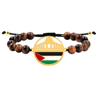 Imagem de Uloveido Pulseira Palestina com contas de pedra feita à mão com design de ramo de oliveira da pomba da paz - Pulseira palestina de identidade cultural com gravação personalizada, joia de cultura