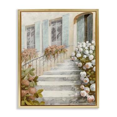 Imagem de Stupell Industries Escadas de entrada floral, moldura dourada, tela flutuante, arte para parede, design da LORENZO COLLECTIVE, 78 x 63 cm