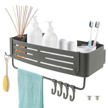 Imagem de Prateleira de chuveiro com ventosa para economizar espaço, organizador de banheiro com 6 ganchos, toalheiro, orifícios de drenagem, organizador de canto de banheiro multiuso para banheira e cozinha