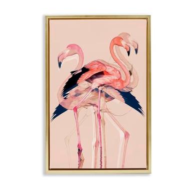 Imagem de Stupell Industries Design de arte de parede sobreposto de flamingos rosa emoldurado dourado em tela flutuante por 1x, 25 x 17