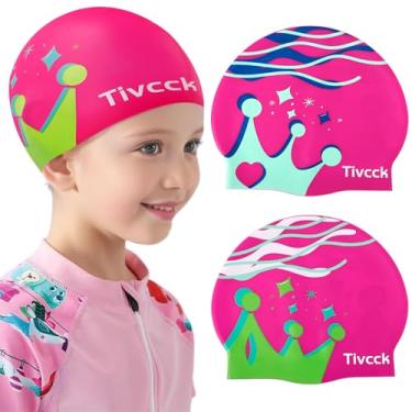 Imagem de Tivcck 2 toucas de natação infantis, touca de natação de silicone para meninas, meninos, adolescentes, crianças, toucas de natação para meninas, toucas de banho à prova d'água para manter o cabelo