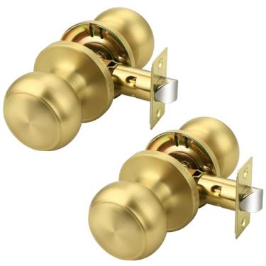 Imagem de Probrico Maçanetas de porta de latão escovado para armário de corredor, maçaneta interna com esfera redonda, maçaneta de porta de passagem dourada, pacote com 2