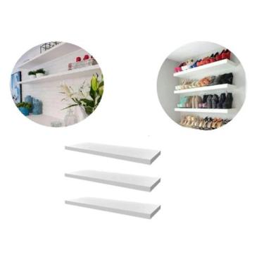 Imagem de Kit 3 Prateleira Madeira Mdf Branca 60x20cm Com Suporte Invisível Flut
