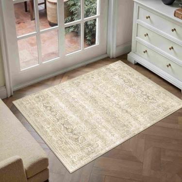 Imagem de HUGEAR Tapete lavável 2x3 bege pequeno tapete de entrada macio antiderrapante vintage floral envelhecido tapete de pelo baixo adequado para animais de estimação para banheiro, cozinha, corredor