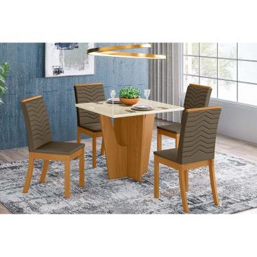 Imagem de Conjunto: Mesa de Cozinha Vértice Tampo Madeirado c/ Vidro 90x90cm e 4 Cadeiras Isa Nature/Suede Light Bege - Henn