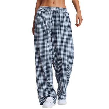 Imagem de Calça lounge de pijama LOMON Gingham xadrez, perna larga, algodão, azu