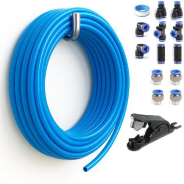 Imagem de Sctihwelire Kit de tubulação de ar PU 6 mm OD x 4 mm ID - Mangueira flexível azul de 10 m com encaixes de pressão para conectar, cortador de tubo - Kit de linha de ar pneumático para compressor