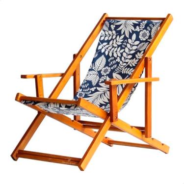 Imagem de Espreguiçadeira em Madeira Maciça para Piscina, Praia – Com Braço, Dobrável, Acabamento Envernizado (Folhas Brancas)