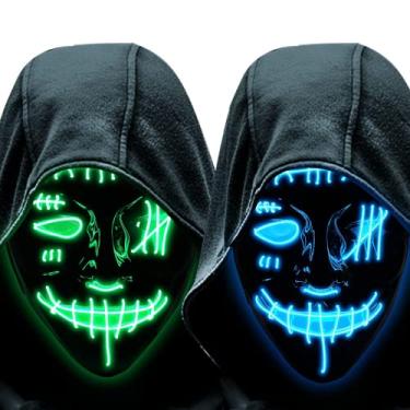 Imagem de Pacote com 2 máscaras de LED de Halloween com iluminação assustadora, máscara de purga com 3 modos de iluminação para fantasia de cosplay de Halloween.