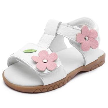 Imagem de Femizee Sandálias de verão femininas de couro genuíno macio com bico fechado princesa (infantil/criança pequena), Pacote de flores brancas 1546, 10.5 Little Kid