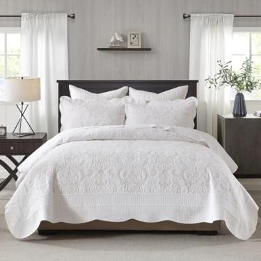 Imagem de DUOHONG Conjunto de colcha 100% algodão king size - edredom acolchoado bordado, colcha floral damasco vintage, cama king size, colcha de cama king size reversível chique, 3 peças, branco/bege