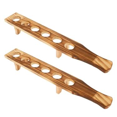 Imagem de HSHGZSR Bandeja de copo de vinho, 2 peças de suporte de vidro de tiro de madeira, suporte de vidro de shot com 6 furos, bandeja de servir para copo de shot, placa de copos de shot para festa, bar
