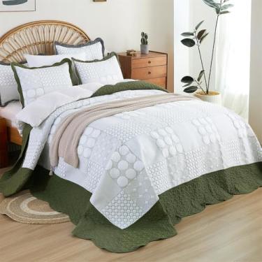 Imagem de Conjunto de colcha King grande verde-oliva - 128 x 120 Colcha King Califórnia com 2 fronhas - edredom de cama bordado xadrez requintado para todas as estações - cobertor leve caído no chão