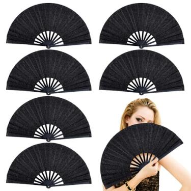 Imagem de NBEADS Pacote com 6 leques de mão dobráveis com glitter, 33 cm de plástico preto, leques de clack para dança em linha, rave, casamento, concerto, leque de festa dobrável decorativo
