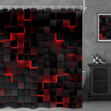 Imagem de Riyidecor Cortina de chuveiro vermelha preta 182 cm L x 213 cm A extralonga tijolo geométrico abstrato moderno design gradiente 3D cubos xadrez futurista legal decoração de banheiro tecido poliéster