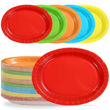 Imagem de Grencian 100 peças de pratos ovais coloridos de papel, 25 x 30,5 cm, grandes, resistentes e coloridos, 5 pratos descartáveis de cores clássicas para churrasco, piquenique, jantar, decorações de