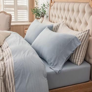 Imagem de PURE ERA Conjunto de lençóis de malha de jérsei 3 peças, 100% algodão mesclado, supermacio, confortável, respirável, cabe em colchões de até 50,8 cm com bolso extra profundo (azul claro, solteiro GG)