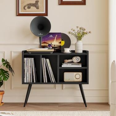 Imagem de FurniNova Suporte para toca-discos com armazenamento de vinil, suporte para toca-discos com pernas de madeira maciça, mesa de toca-discos comporta até 200 álbuns, prateleira de armazenamento de vinil