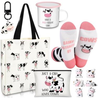 Imagem de Yeyeplum O conjunto de cestas de presentes de aniversário para amantes de vaca inclui sacola de lona, bolsa de maquiagem, meias, chaveiro, caneca esmaltada, estatuetas pequenas para mãe, esposa, irmã