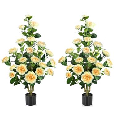 Imagem de Hecaty Camélia artificial de 1 m: 2 peças de plantas falsas com 24 flores amarelas desabrochando e 174 folhas em vaso de cimento, vegetação falsa para casa, varanda, área externa, sala de estar