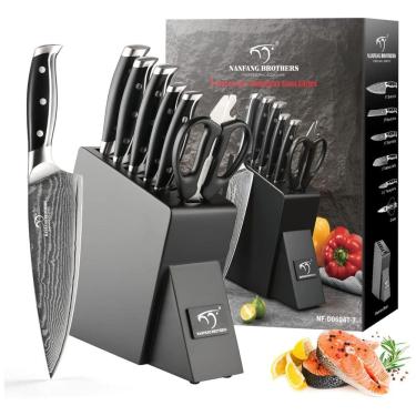 Imagem de Conjunto de Facas NANFANG BROTHERS em Aço Damasco com Bloco de Bancada Multinível e Cabo Ergonômico, 7 Peças, Preta