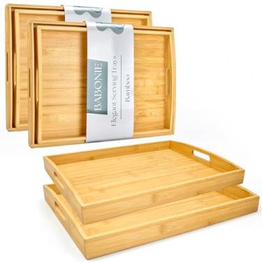 Imagem de Bandeja de servir de bambu com alças conjunto de 4 bandejas decorativas de madeira para comer, trabalhar e armazenar, adequada para uso no quarto, sala de estar, cozinha, banheiro, cenários ao ar