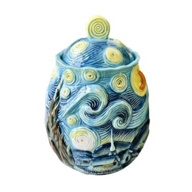 Imagem de FORLONG Pote selado de cerâmica pintado à mão com céu estrelado de Van Gogh, recipientes de armazenamento de alimentos com tampas, potes decorativos de coleção de bancada de cozinha doméstica