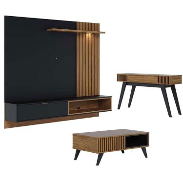 Imagem de Painel para Tv Home Suspenso Tocantins 1.8 com Mesa de Centro Jeri e Aparador Riviera Preto Acetinado Noce Milano - Colibri