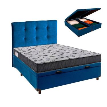 Imagem de Cama + Bau Azul E Colchão Ortobom D33 Casal - Iso100 + Cabeceira