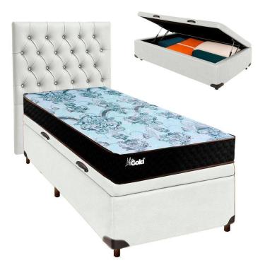 Imagem de Cama Box Bau + Colchão Solteiro Molas Ensacadas Life Gold Paropas + Cabeceira Estofada