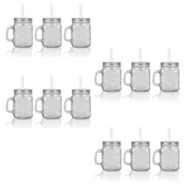 Imagem de Kit 12 Jarrinhas Canecas Retrô Vintage Vidro Tampa de Metal Canudo Drink Barzinho Bartender Canudo 480ml