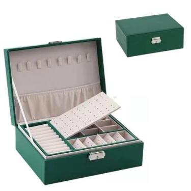 Imagem de Porta-Joias Feminino 3 Andares com Fechadura – Couro Sintético Luxo com Espelho e Compartimentos para Relógios, Brincos, Anéis e Colares (VERDE/Q11)