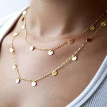 Imagem de Gargantilhas delicadas em camadas tendência, pingente de moeda feito à mão, multicamadas, moda ajustável, corrente de camadas, One Size, Metal, Sem Pedra Preciosa