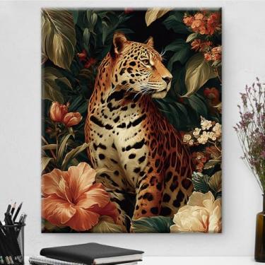 Imagem de Arte de parede botânica vintage de leopardo majestoso emoldurado - Decoração de parede com flores escuras Academia para quarto, sala de estar, casa, 20 x 25 cm