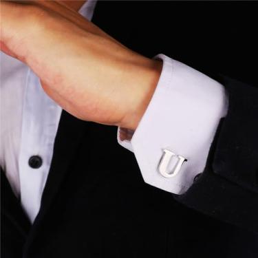 Imagem de Abotoaduras iniciais de aço inoxidável 26 abotoaduras de letra inicial do alfabeto camisas de casamento de negócios A-Z, One Size, Aço inoxidável, Sem Pedra Preciosa