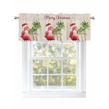Imagem de Echarpe de flamingo rosa de Natal para janelas verde tropical coqueiro decoração de cozinha cortinas para sala de estar/banheiro, cortina de café com bolso de haste. 1 painel, 137 cm × 45 cm