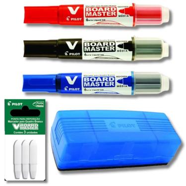 Imagem de Kit 3 Marcadores Quadro Branco Recarregável + Apagador + Refil De Ponta Pilot Azul, Preto E Vermelho