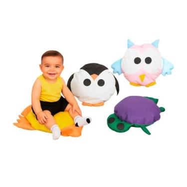 Imagem de Conjunto 4 Almofadas Redondas Fofinhas Bichos 35cm – Pinguim, Coruja, Pintinho e Tartaruga – Espuma de Alta Densidade Antialérgica | Brinquedos Mil