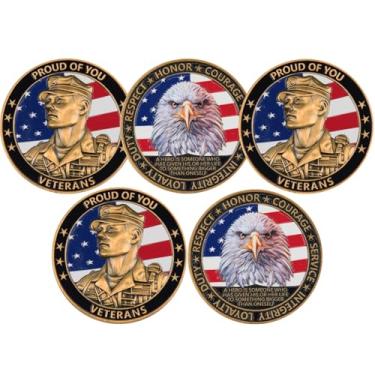 Imagem de 5Pcs 3D Color American Veterans Challenge Coin - Dual Sided Honor & Courage Military Appreciation Token, 1.574 Inch Zinc Alloy (Pack of 5)